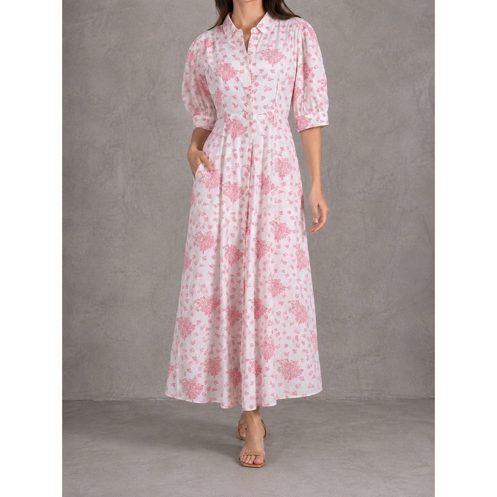 India Amory JA Shirt Dress Womens Medium White Pink Floral Puff Sleeve